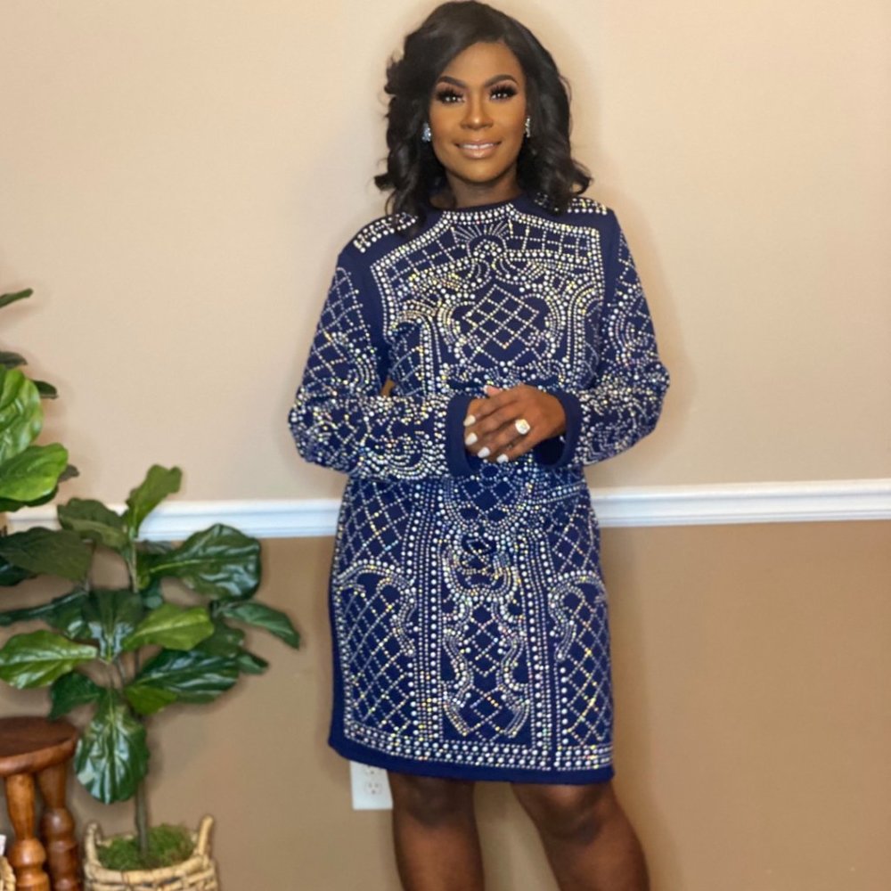 Navy dress full of rhinestones and pearls